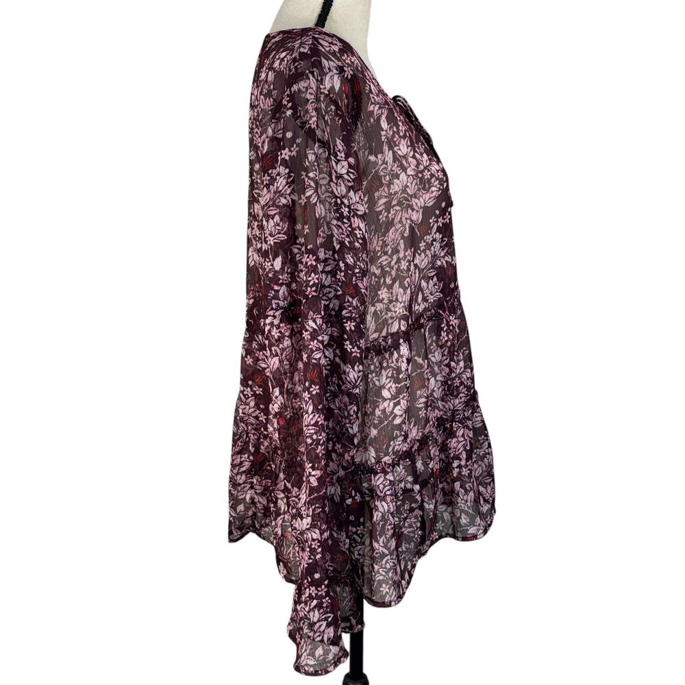 Lucky Brand Large Top Floral Semi-Sheer Keyhole Ruffled Tiers Long Bell Sleeves - Picture 5 of 11